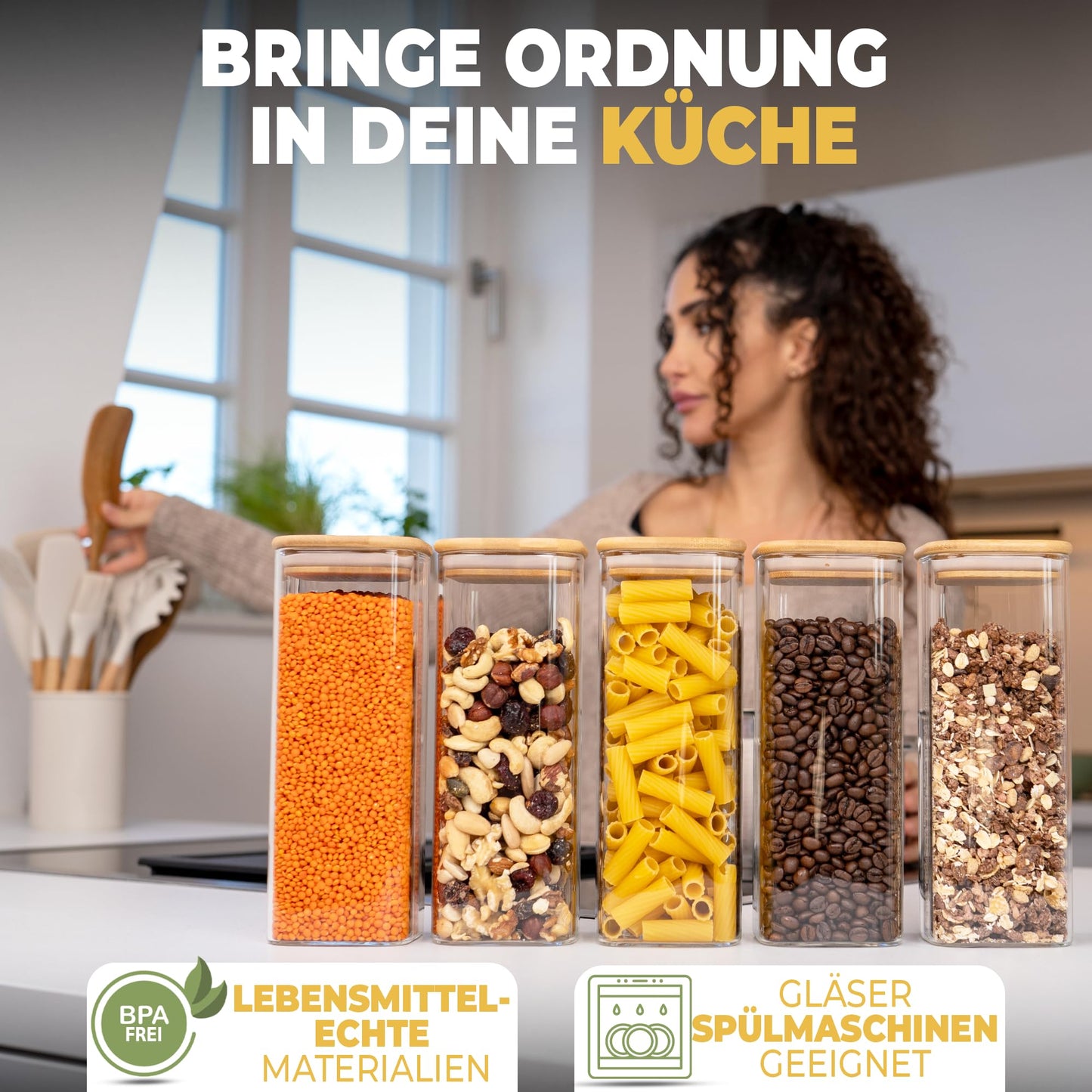 Aufbewahrungsbox Küche für alle Lebensmittel, Küchen Organizer, Vorratsgläser mit Deckel, Eckig - 12er Set, Erhöhte Glasstärke 