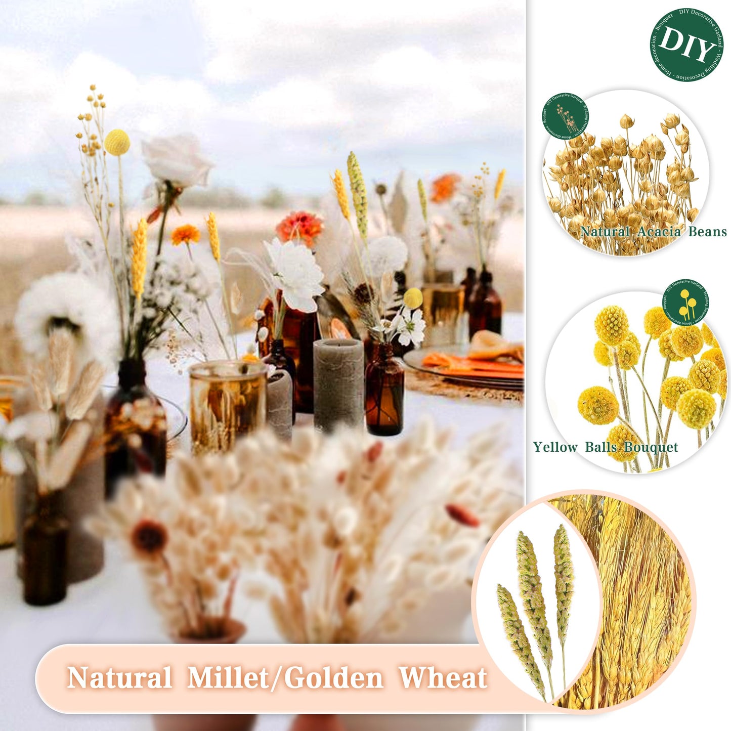 Pampasgras Getrocknet - Natürlich, Braun, Trockenblumen Strauß Dried Flowers, für Heim Decor 