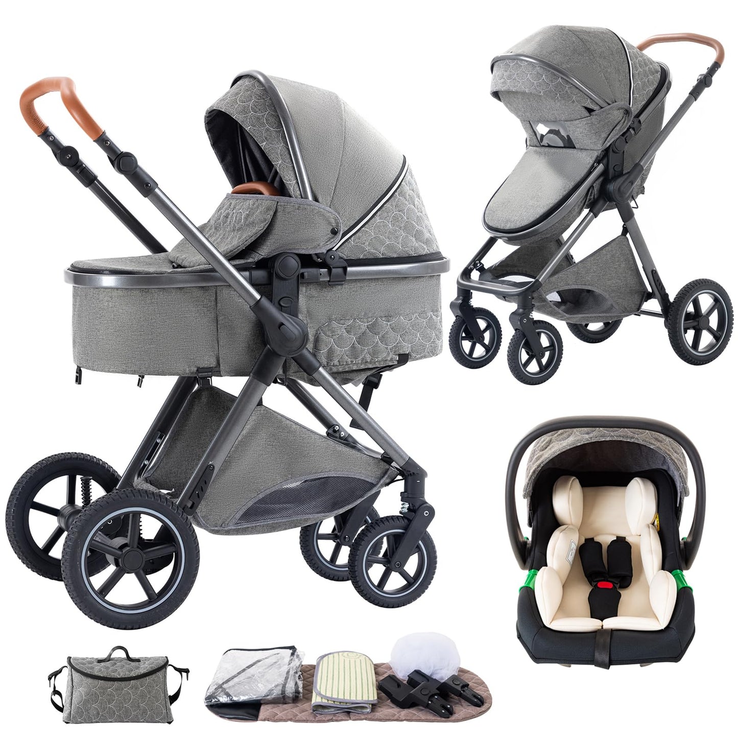 Shineey 3-in-1 Kinderwagen, Buggy, faltbarer Kinderwagen-Satz, Kombi-Kinderwagen 3-in-1 mit großer, komfortabler Babywanne, Gestell aus Aluminiumlegierung 