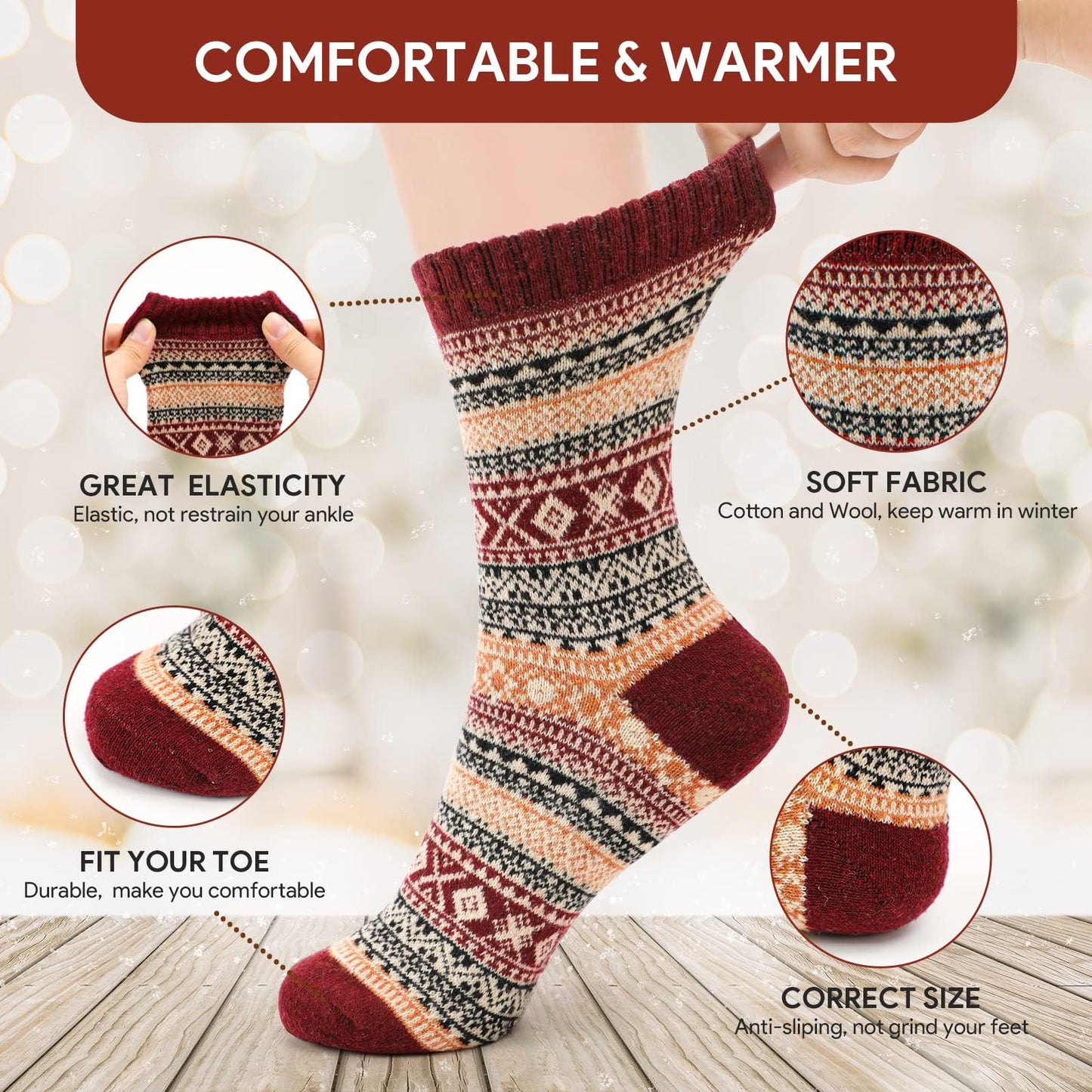 Airabc 5 Paar Damen-Thermosocken, warme Wintersocken, farbenfroh, kuschelig und atmungsaktiv 
