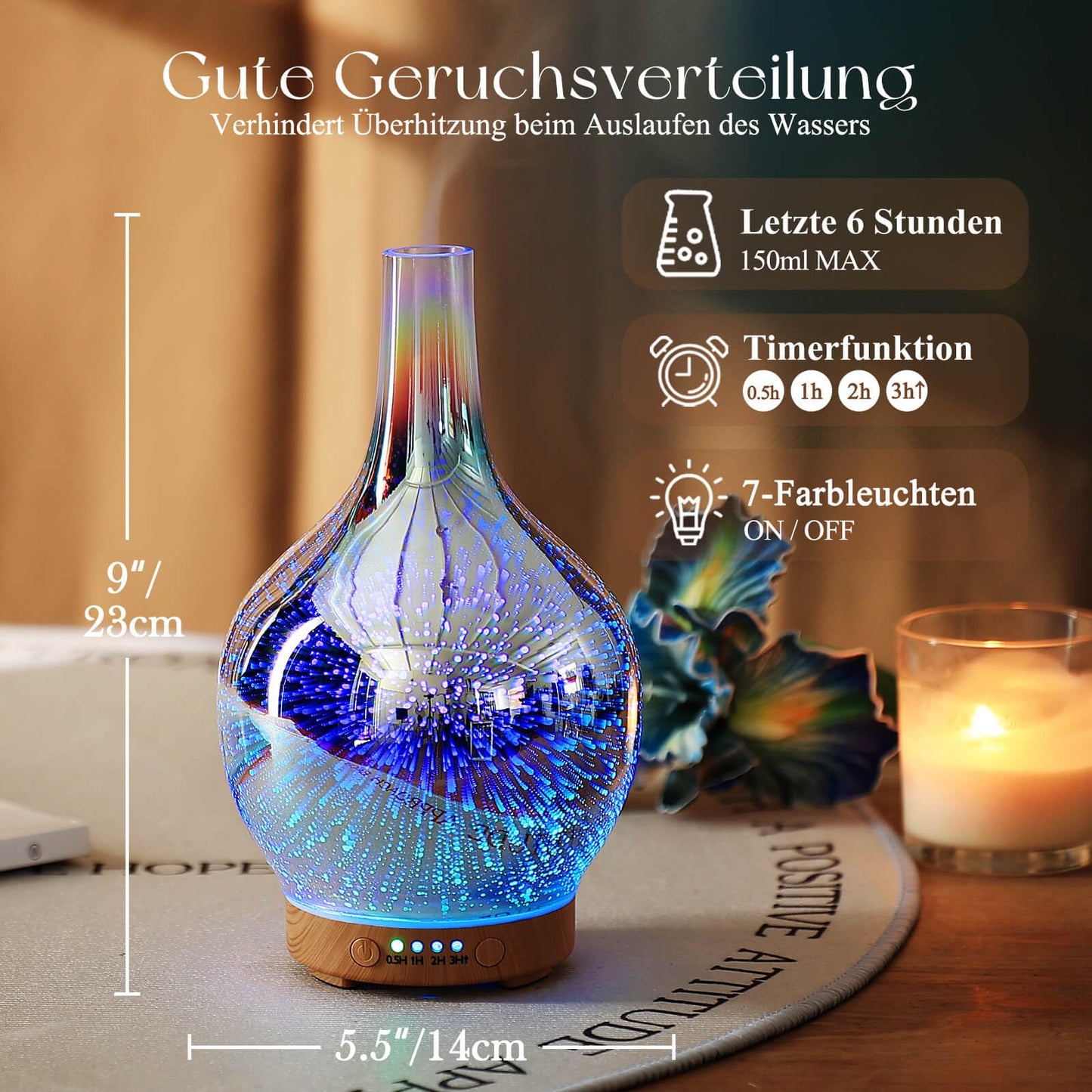 Aroma Diffuser Luftbefeuchter,150ml Luftbefeuchter Ultraschall Leise 7 farbwechselnde LEDs 