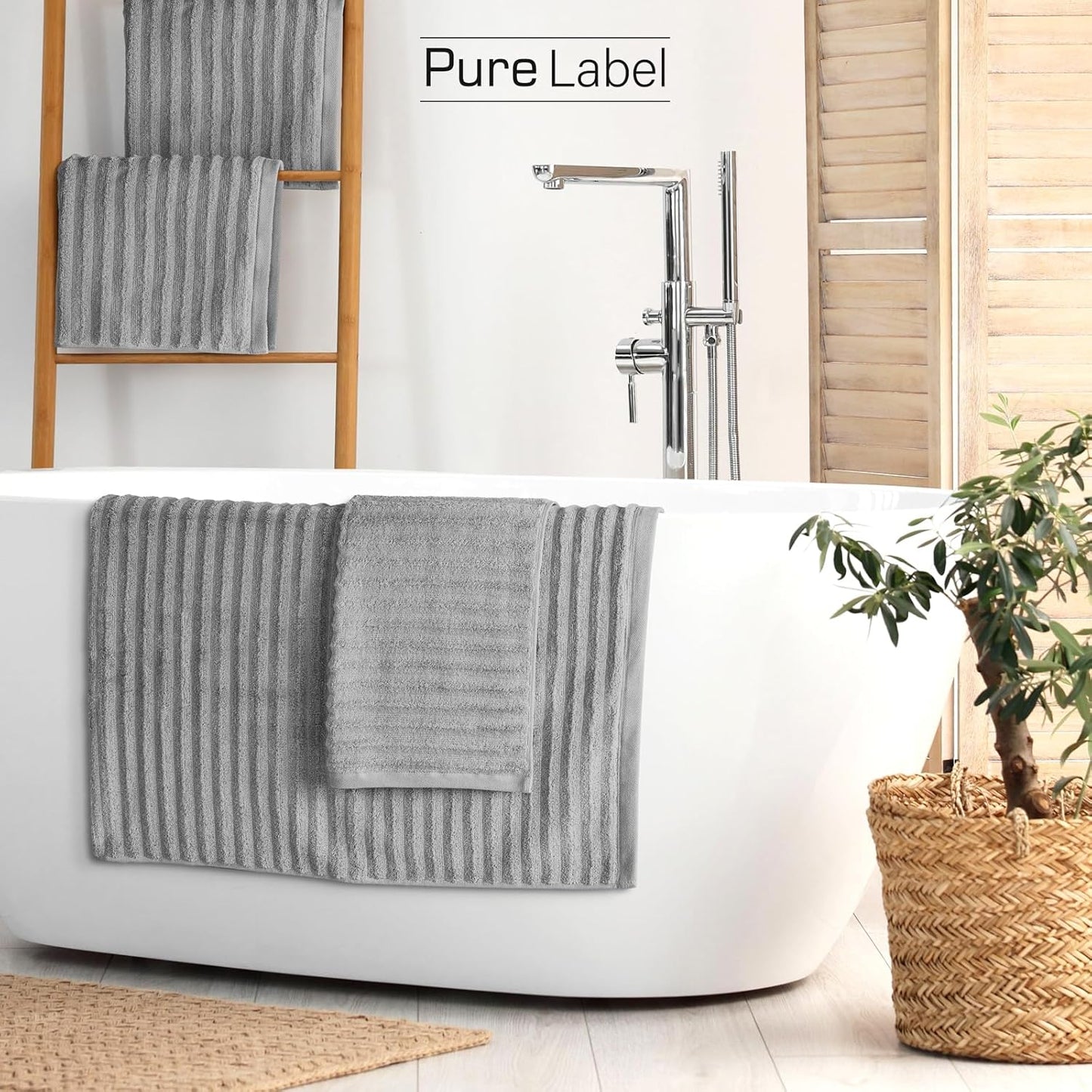 Pure Label 6-teiliges Handtuchset mit Aufhängeschlaufen aus 100 % Baumwolle, saugfähig und weich, 2 x Badetücher (70 x 140 cm), 2 x Handtücher (50 x 100 cm), 2 x Gästetücher (30 x 50 cm), 