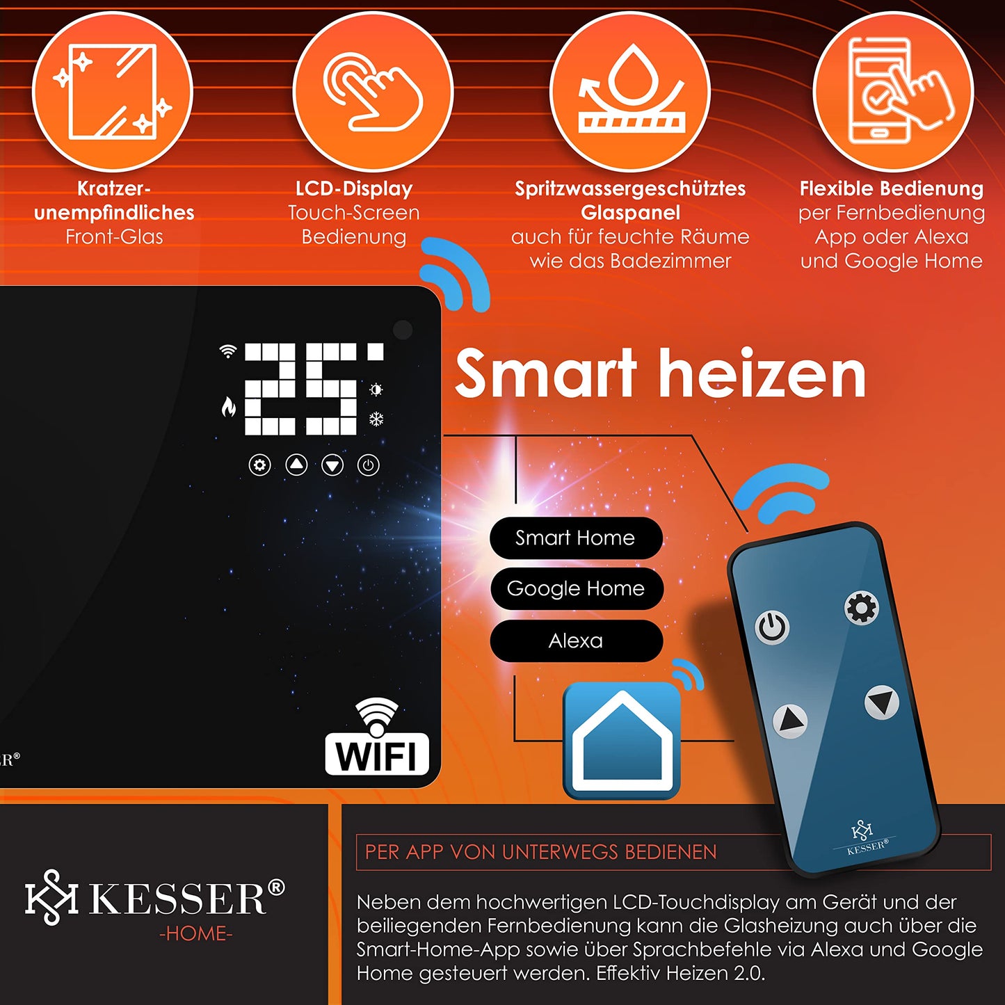 KESSER® Glaskonvektor, Glasheizkörper, elektrischer Heizkörper, WLAN-App-Funktion, inklusive Fernbedienung, Stand- oder Wandheizkörper | Touchscreen | LCD-Display | Timer | 2500 Watt 