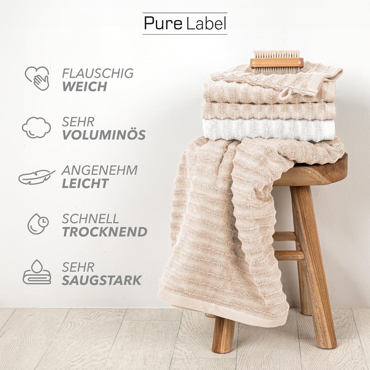 Pure Label 6-teiliges Handtuchset mit Aufhängeschlaufen aus 100 % Baumwolle, saugfähig und weich, 2 x Badetücher (70 x 140 cm), 2 x Handtücher (50 x 100 cm), 2 x Gästetücher (30 x 50 cm), 