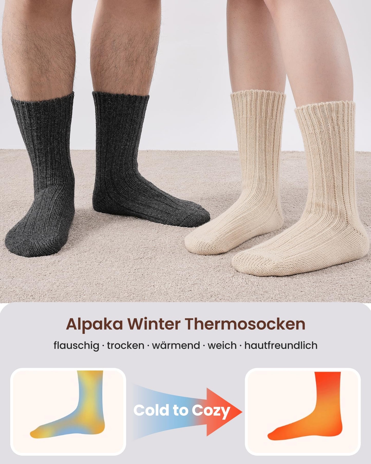4 Paar Alpaka Socken für Herren Damen, atmungsative Thermosocken Extra Warm, Dicke Wintersocken mit Alpakawolle 