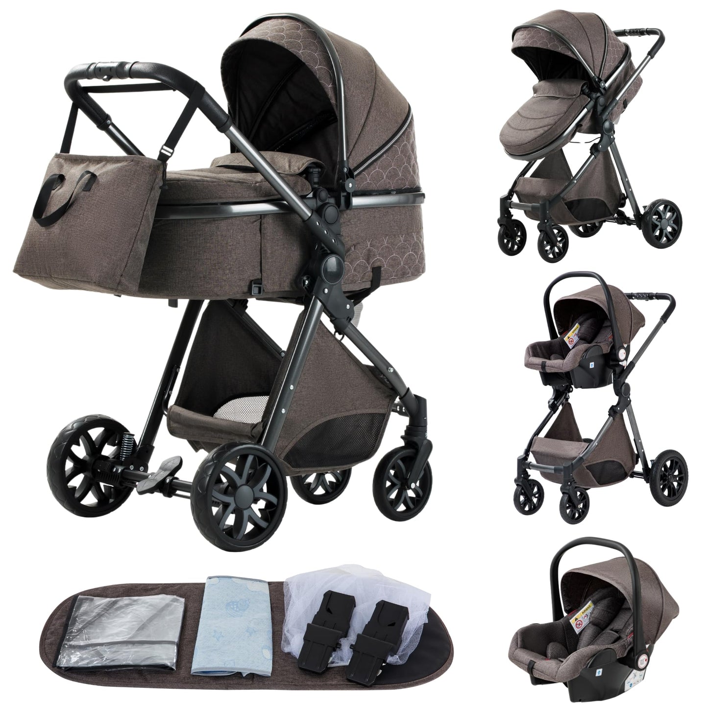 YAZOCO kinderwagen 3 in 1 Buggy Babybett Komplett Set Einem Klick Zusammenklappbarer Kinderwagen, KombiKinderwagen Aluminiumrahmen für Neugeborene 