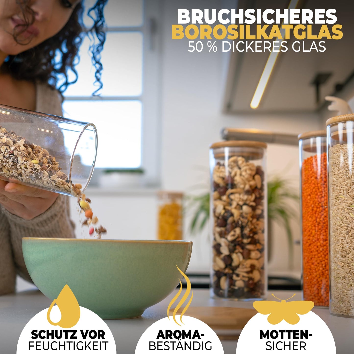 Aufbewahrungsbox Küche für alle Lebensmittel, Küchen Organizer, Vorratsgläser mit Deckel, Eckig - 12er Set, Erhöhte Glasstärke 