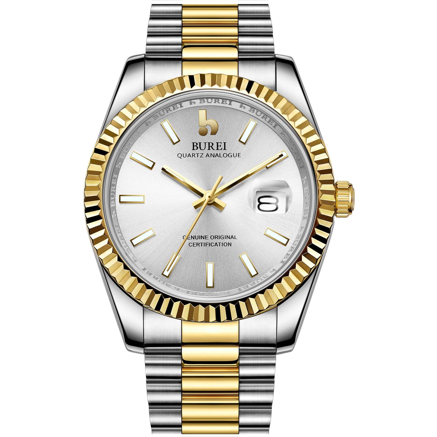 BUREI Herren Uhren Quarz Armbanduhr Datumsanzeige Saphirglas Objektiv mit Zwei Tönen Edelstahlband