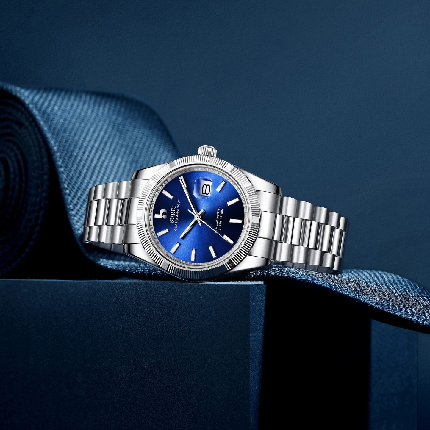 BUREI Herren Uhren Quarz Armbanduhr Datumsanzeige Saphirglas Objektiv mit Zwei Tönen Edelstahlband