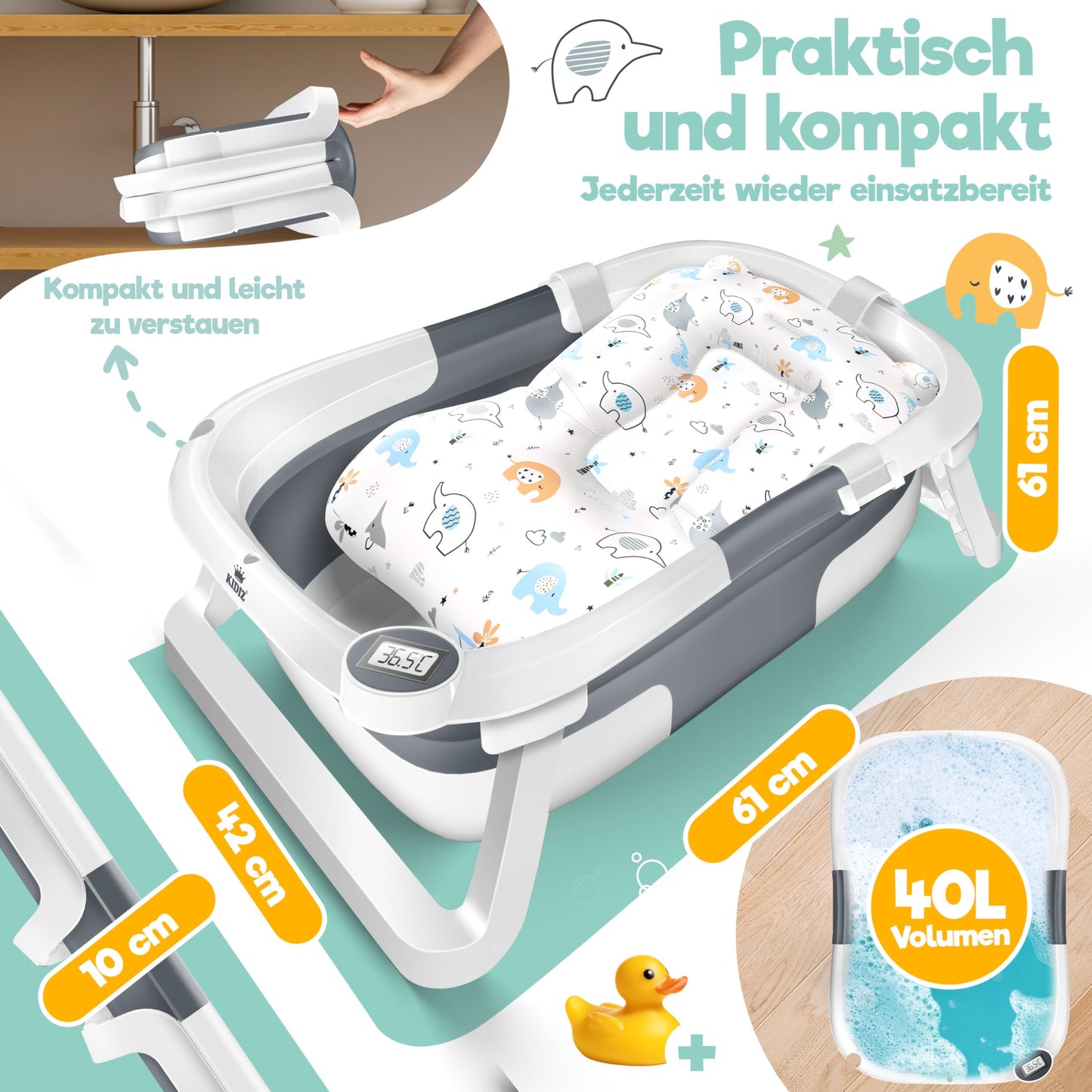 Babybadewanne | Babywanne platzsparend &amp; faltbar mit Thermostat &amp; Kissen 