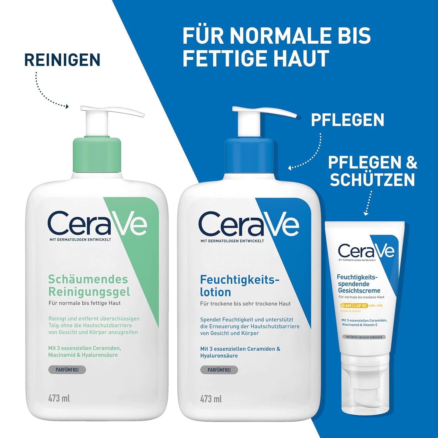 CeraVe Reinigungs-Set, Feuchtigkeitslotion mit Pumpspender (473 ml) und schäumendes Reinigungsgel (88 ml) für Gesicht und Körper, Mit Hyaluron und 3 essenziellen Ceramiden