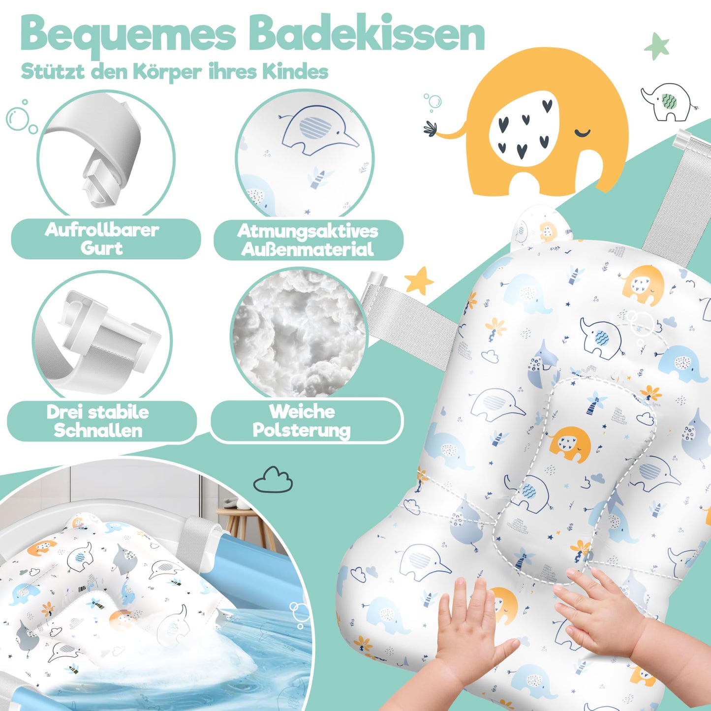 Babybadewanne | Babywanne platzsparend &amp; faltbar mit Thermostat &amp; Kissen 