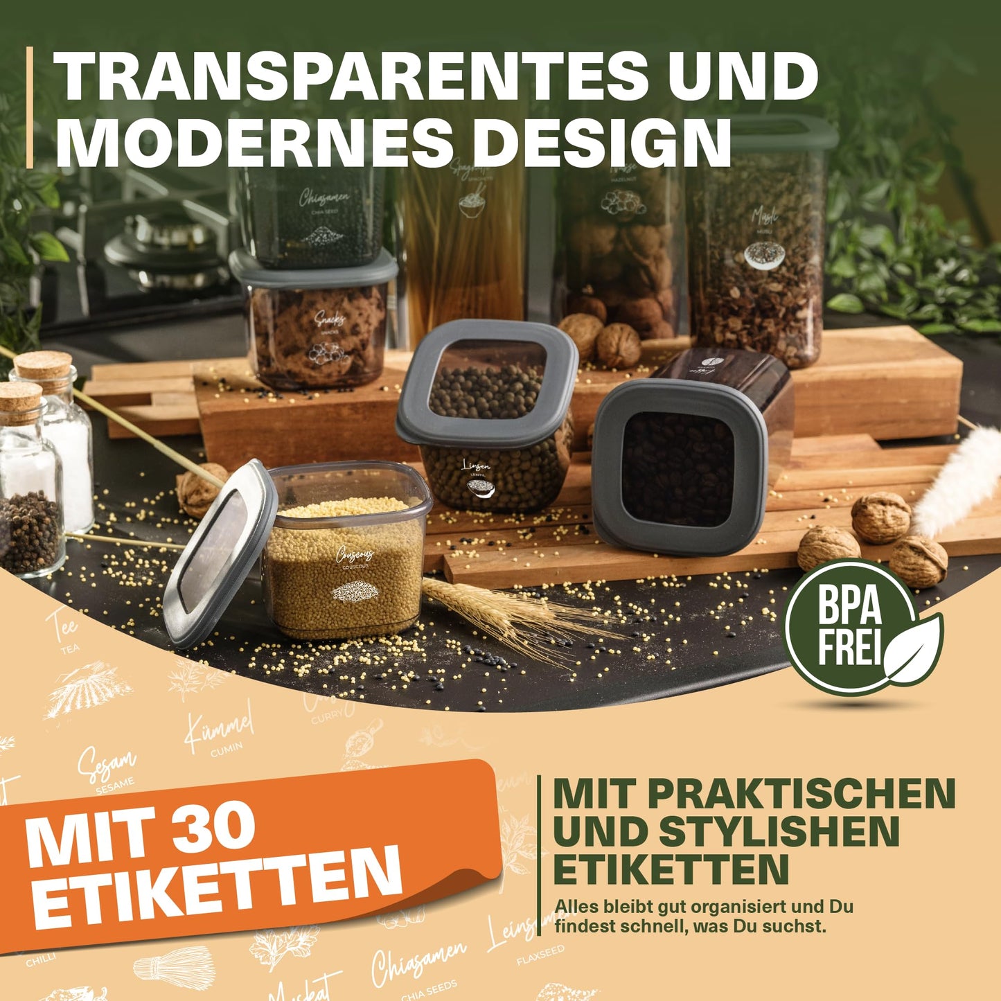 Lebensmittelaufbewahrungsbehälter, Vorratsdosen mit luftdichtem Deckel, praktischer Organizer für die Küche 