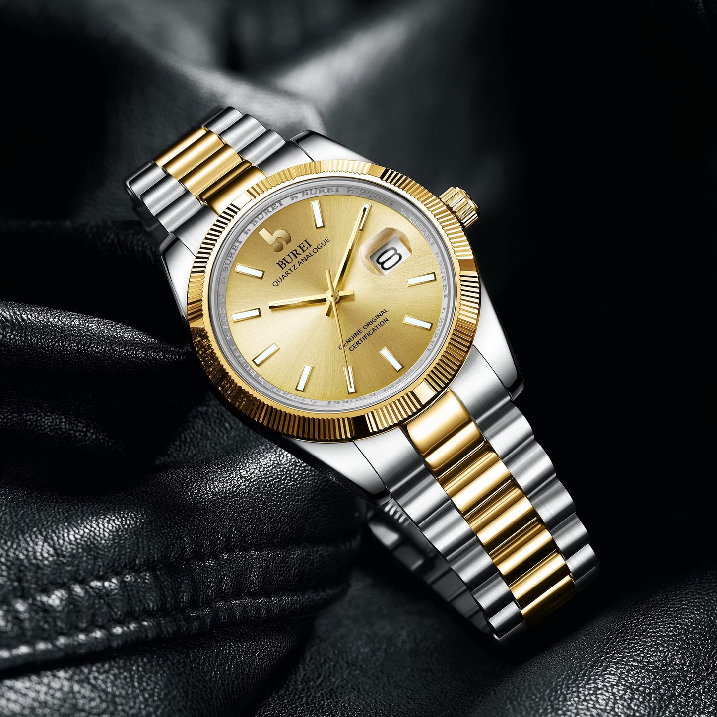 BUREI Herren Uhren Quarz Armbanduhr Datumsanzeige Saphirglas Objektiv mit Zwei Tönen Edelstahlband