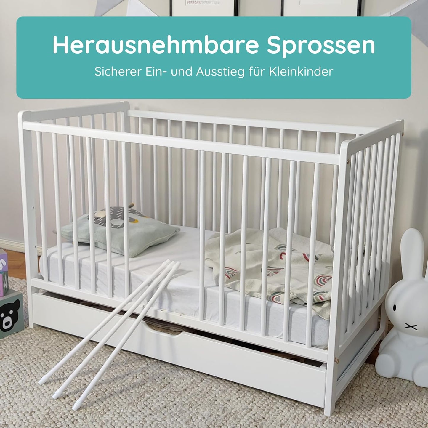 Babybett Kinderbett 60x120 cm Gitterbett Babybett Komplett-Set, Lattenrost höhenverstellbar 