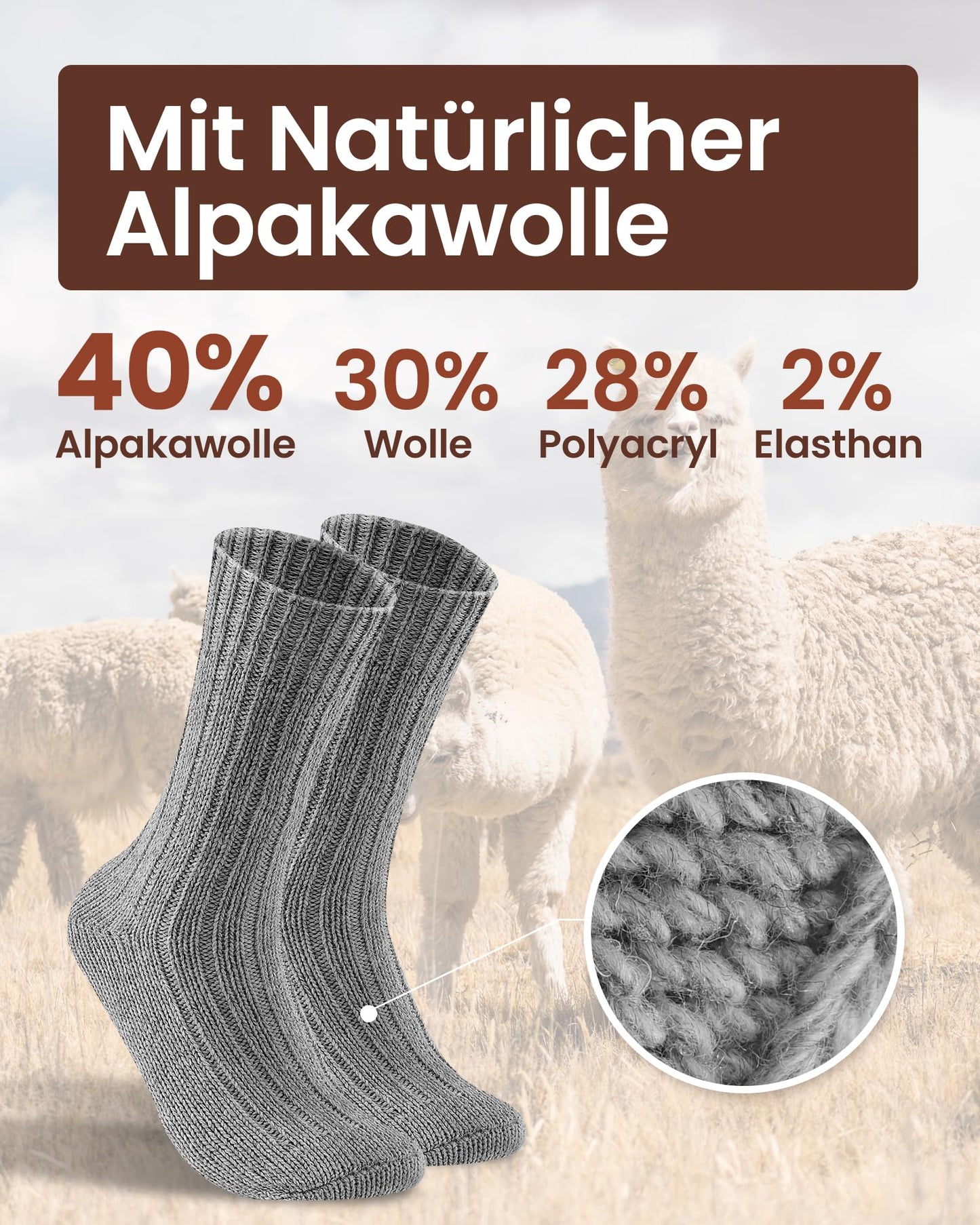 4 Paar Alpaka Socken für Herren Damen, atmungsative Thermosocken Extra Warm, Dicke Wintersocken mit Alpakawolle 