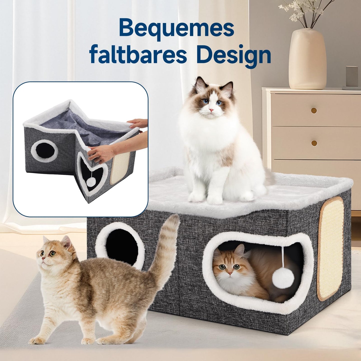 Faltbares Katzenhaus, mit Kratzbrett und Spielball, Katzenhaus Höhle für kleine und mittlere Haustiere 