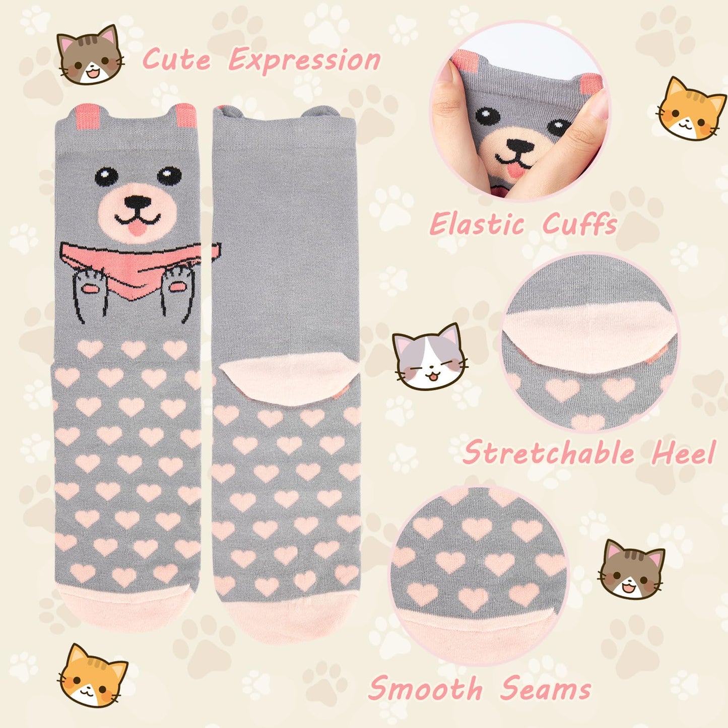 Chalier Cozy 5 Paar Damen Socken Hunde Katzen Motiven, Baumwolle