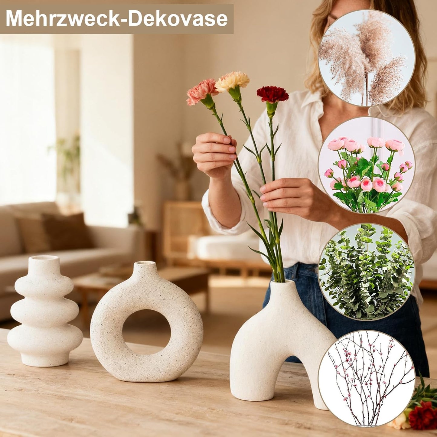 Vankarr Weiße Keramikvase Satz von 3, kleine Trockenblumen Vasen für Pampasgras,Moderne Boho Vasen 