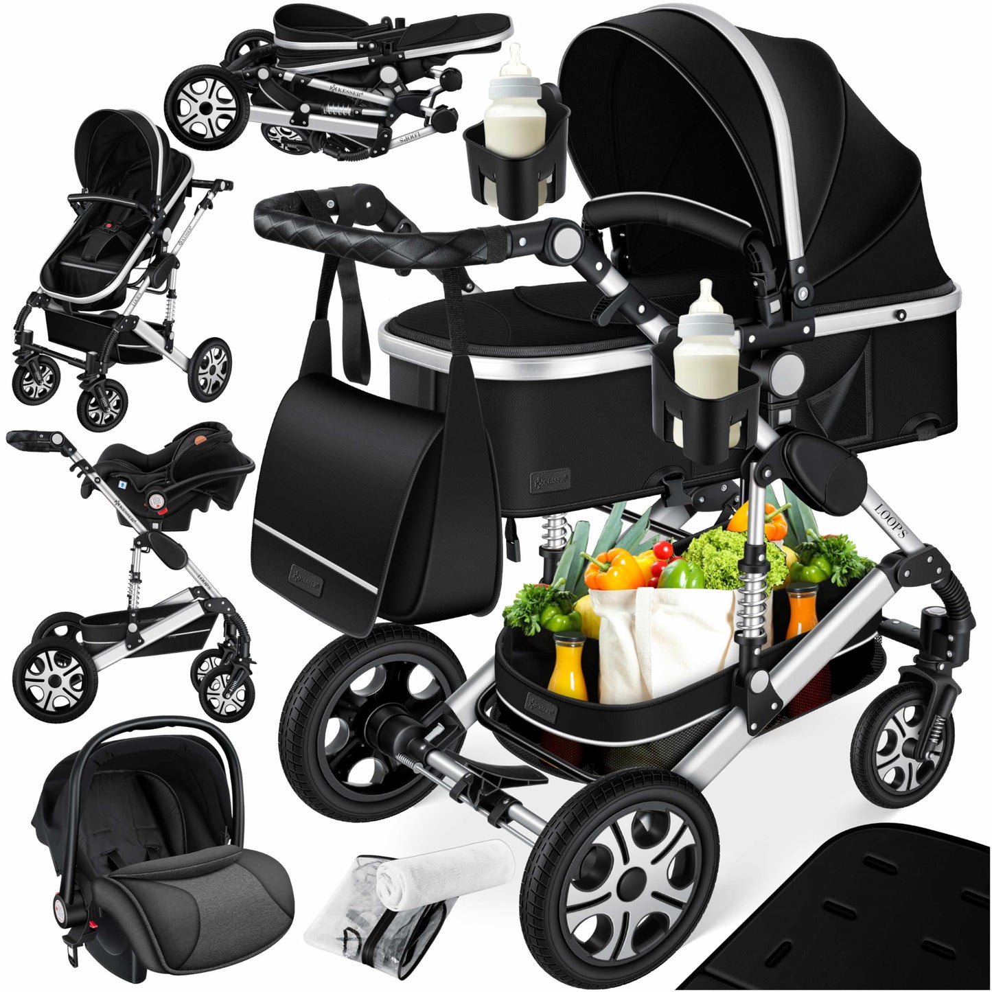 Kesser® Loops 3-in-1 Kombi-Kinderwagen, Komplettset inklusive Babywanne, Buggy-Sportsitz und Babyschale, Vollgummireifen 