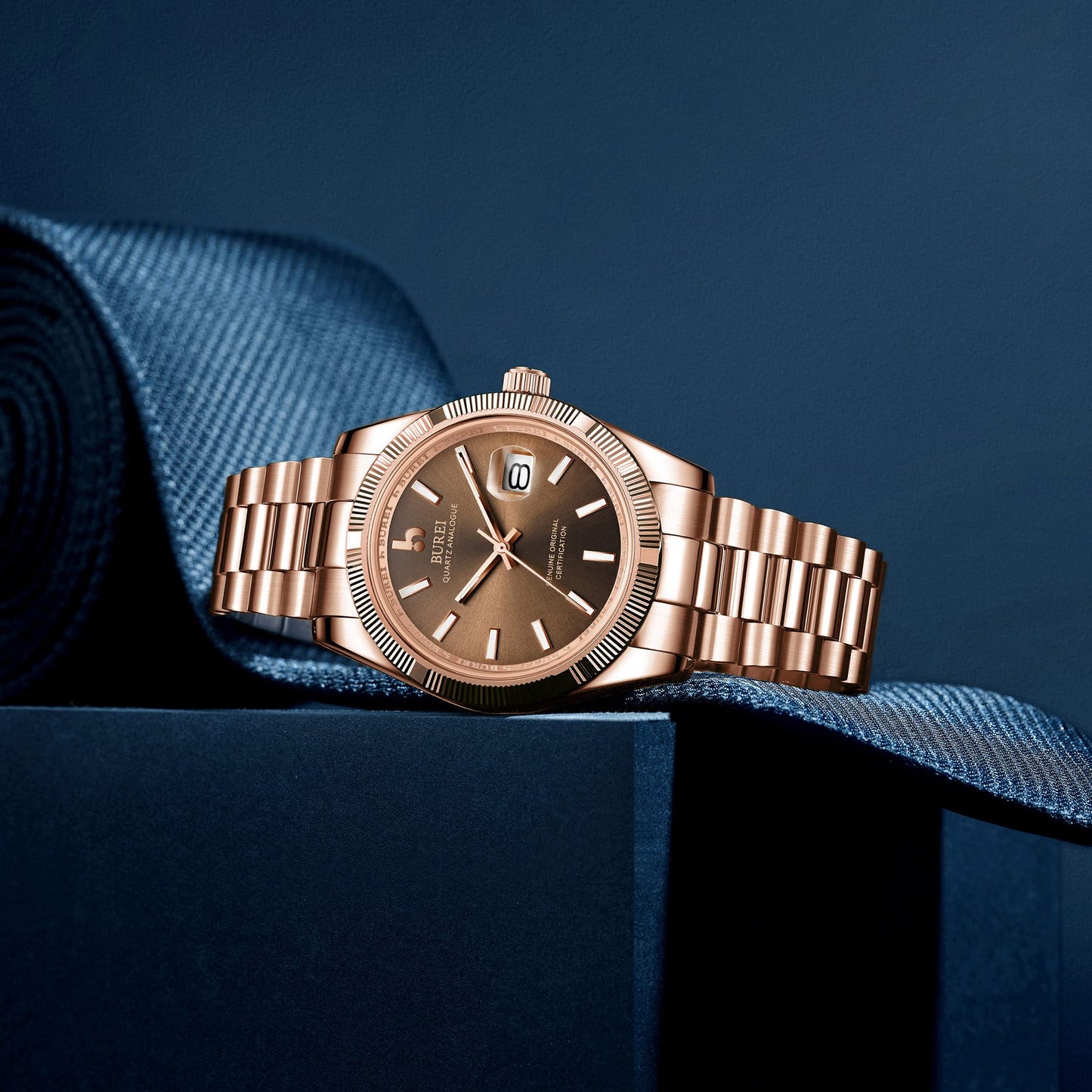 BUREI Herren Uhren Quarz Armbanduhr Datumsanzeige Saphirglas Objektiv mit Zwei Tönen Edelstahlband