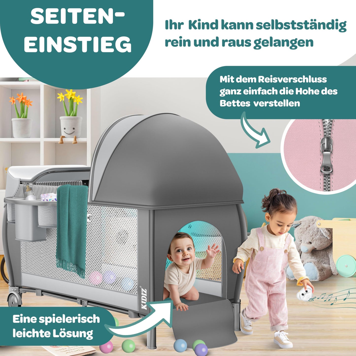 Kidiz Babybett, Reisebett, faltbar mit Matratze und Rollen, 120 x 60 cm, Seiteneingang 
