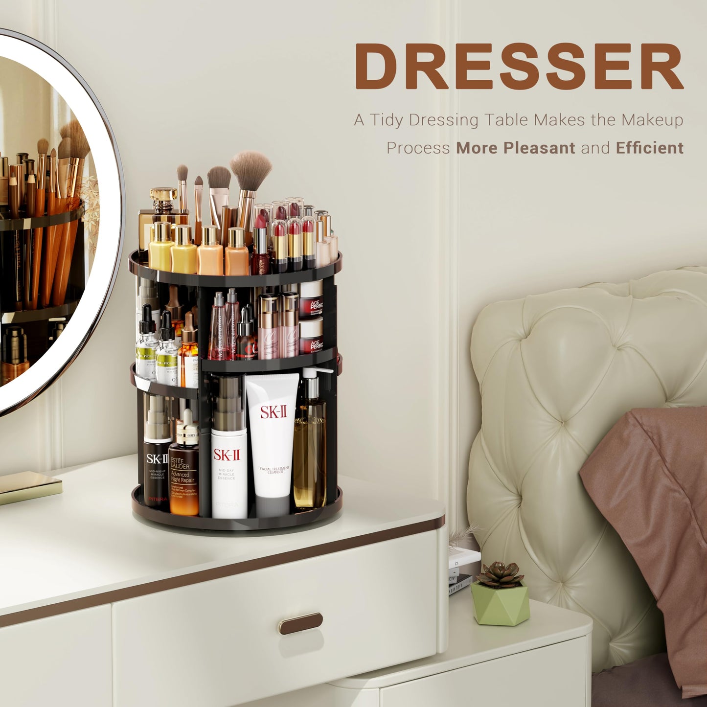 Auxmir Schminktisch Organizer mit 9 einstellbaren Stufen, Make Up Organizer 360° Drehbar, Extra Größer Kosmetik Hautpflege Organisieren 