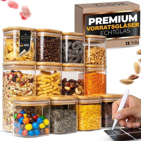 Aufbewahrungsbox Küche für alle Lebensmittel, Küchen Organizer, Vorratsgläser mit Deckel, Eckig - 12er Set, Erhöhte Glasstärke 