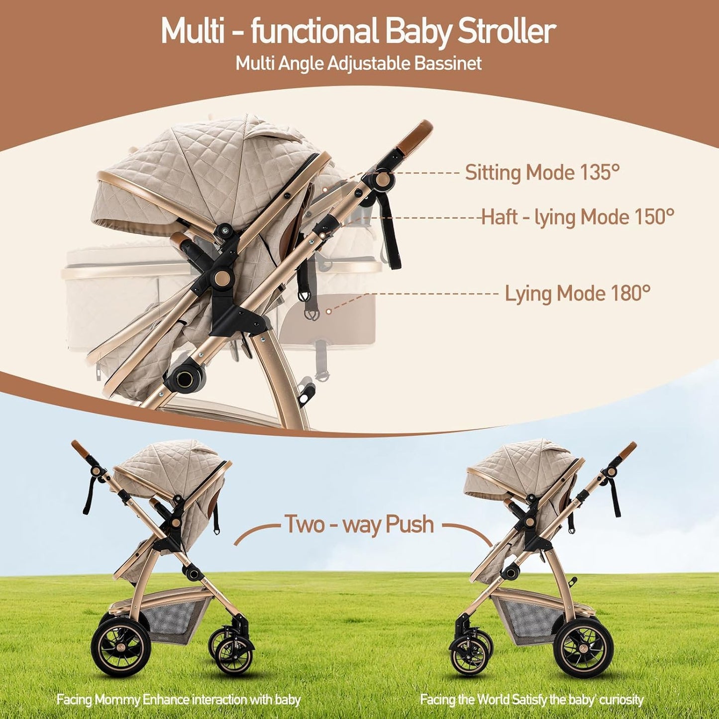 3-in-1 Kinderwagen-Set mit Sitz und faltbarem Babybett, verstellbare Liegeposition, bis 15 kg, 0-3 Jahre 