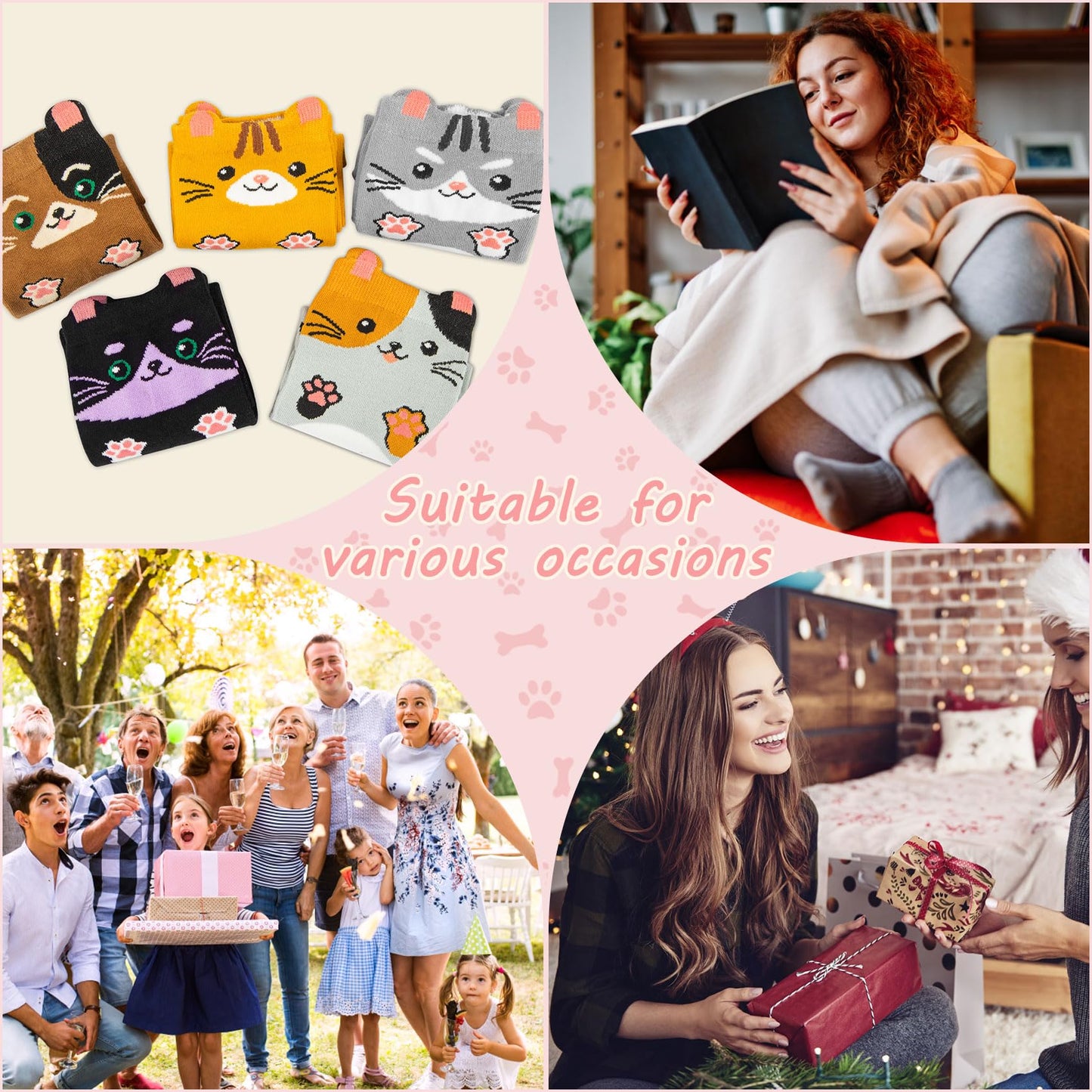 Chalier Cozy 5 Paar Damen Socken Hunde Katzen Motiven, Baumwolle