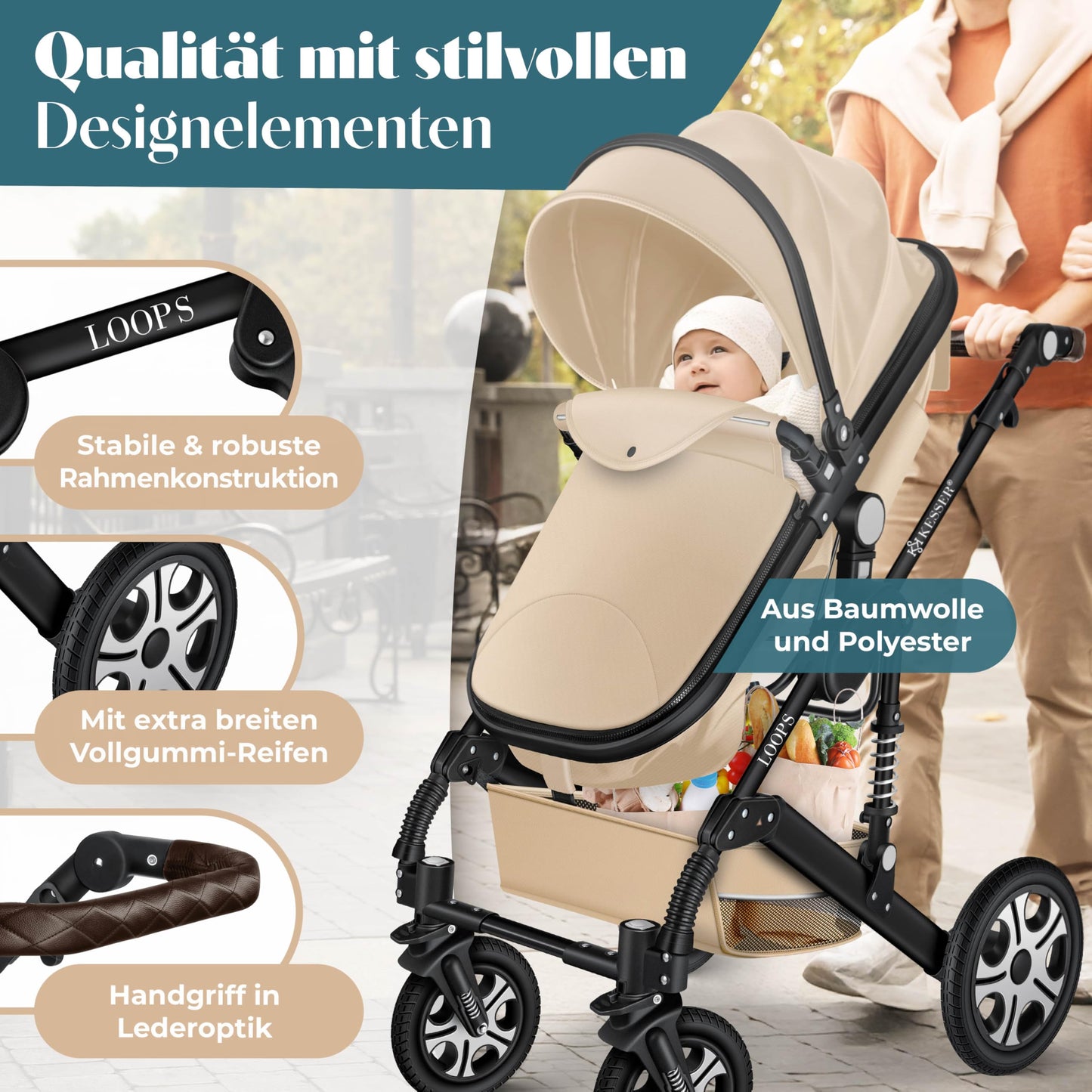 Kesser® Loops 3-in-1 Kombi-Kinderwagen, Komplettset inklusive Babywanne, Buggy-Sportsitz und Babyschale, Vollgummireifen 