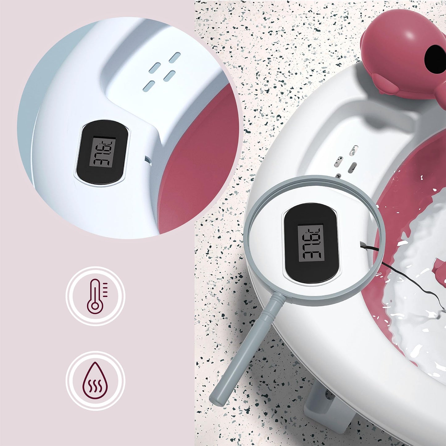 Faltbare Babybadewanne von Moby-System mit Einsatz, LCD-Thermometer und Rahmen – sicherer Halt ab Geburt, ergonomisch 