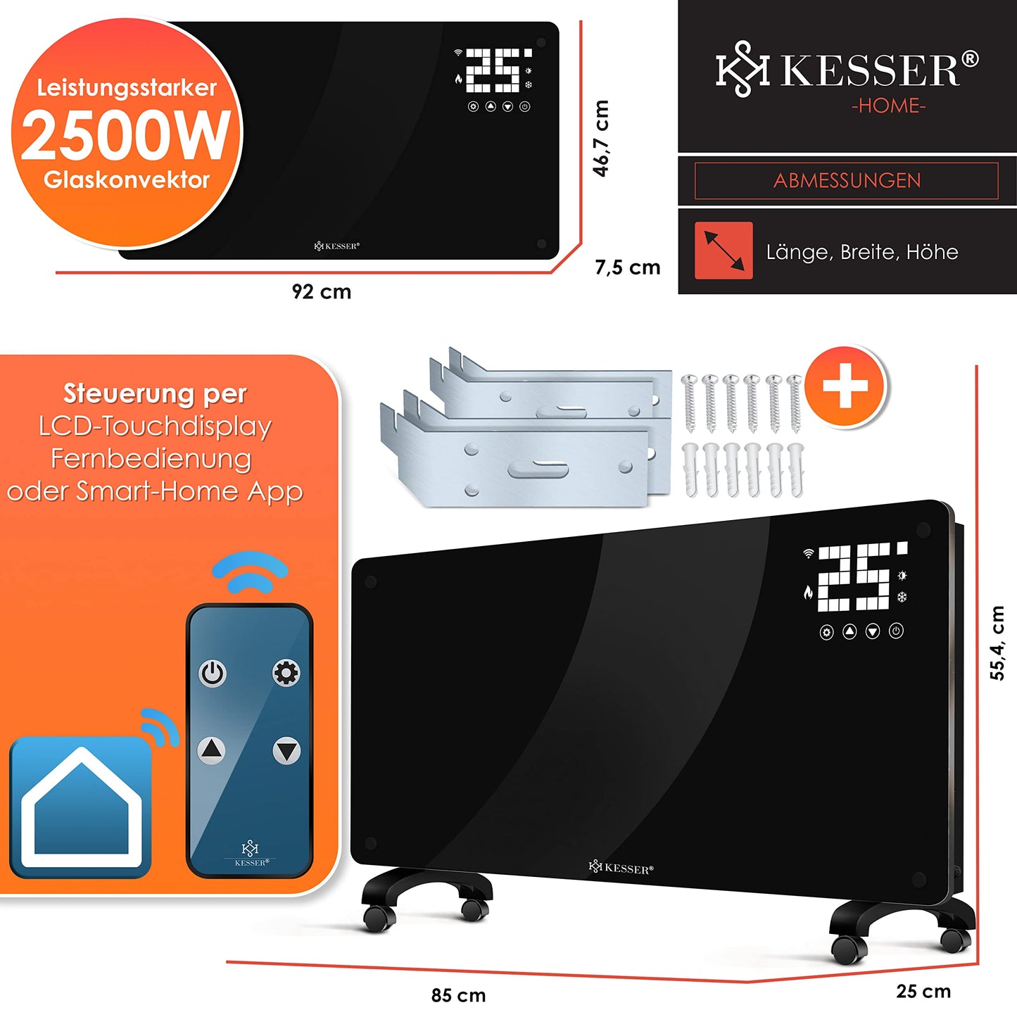 KESSER® Glaskonvektor, Glasheizkörper, elektrischer Heizkörper, WLAN-App-Funktion, inklusive Fernbedienung, Stand- oder Wandheizkörper | Touchscreen | LCD-Display | Timer | 2500 Watt 
