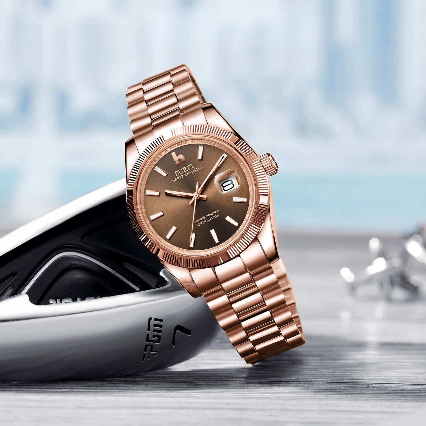 BUREI Herren Uhren Quarz Armbanduhr Datumsanzeige Saphirglas Objektiv mit Zwei Tönen Edelstahlband