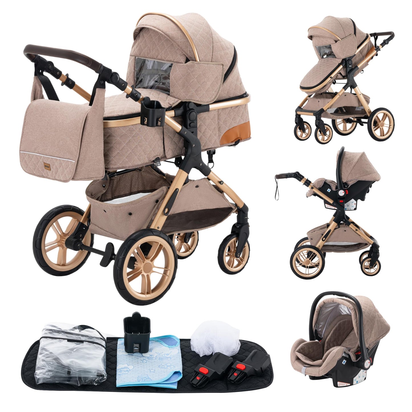 YAZOCO kinderwagen 3 in 1 Buggy Babybett Komplett Set Einem Klick Zusammenklappbarer Kinderwagen, KombiKinderwagen Aluminiumrahmen für Neugeborene 