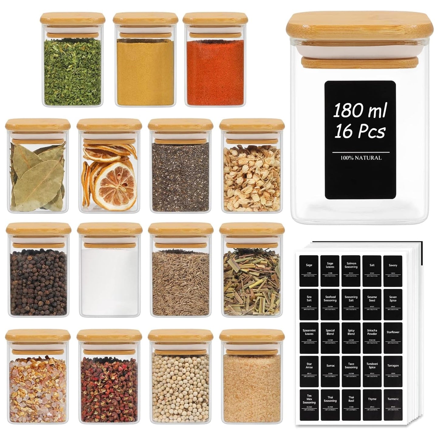 ComSaf Pot a Epices mit Etiketten, Pot Epices Verre Carrés mit Couvercle en Bois 