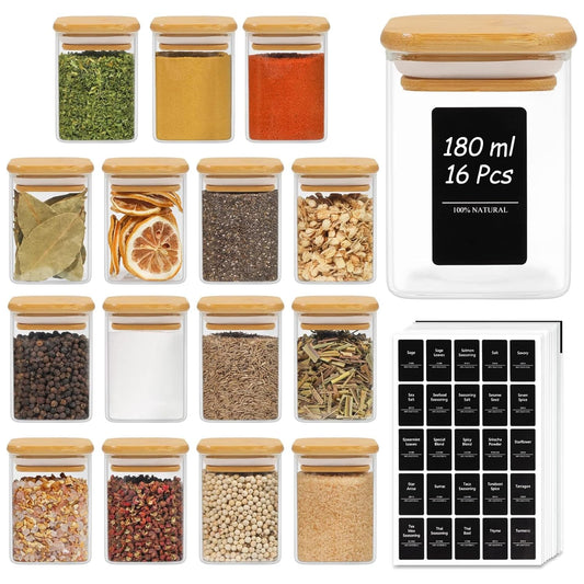 ComSaf Pot a Epices mit Etiketten, Pot Epices Verre Carrés mit Couvercle en Bois 