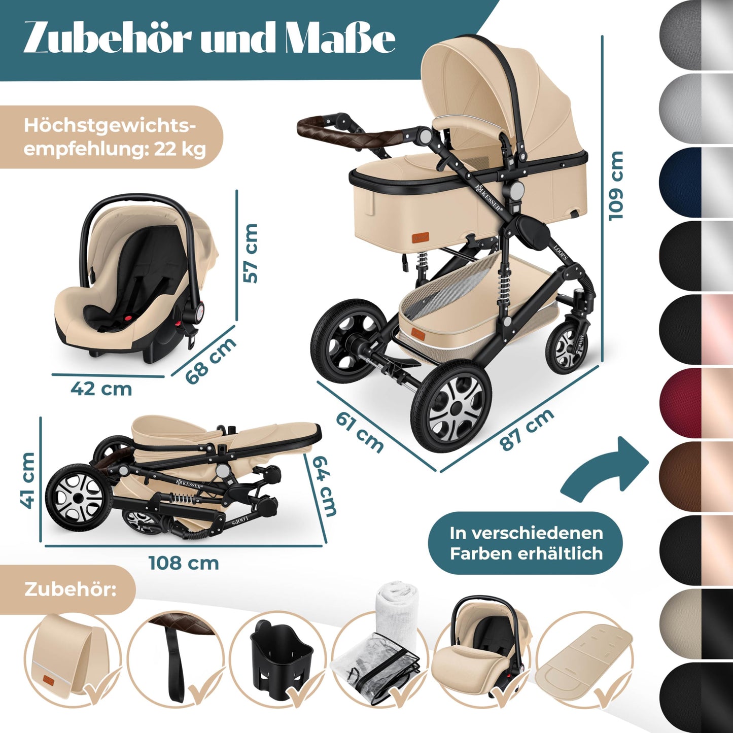 Kesser® Loops 3-in-1 Kombi-Kinderwagen, Komplettset inklusive Babywanne, Buggy-Sportsitz und Babyschale, Vollgummireifen 