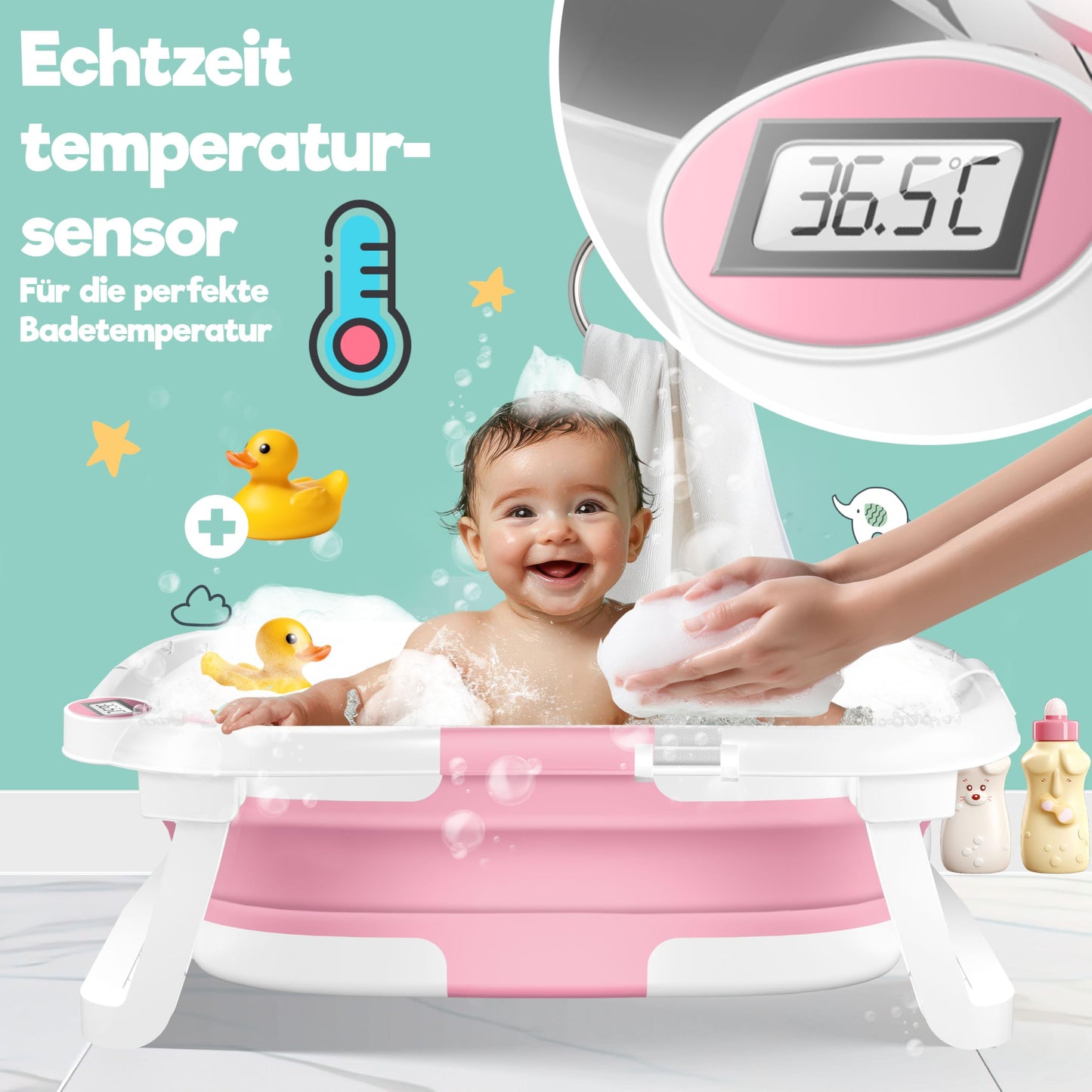 Babybadewanne | Babywanne platzsparend &amp; faltbar mit Thermostat &amp; Kissen 