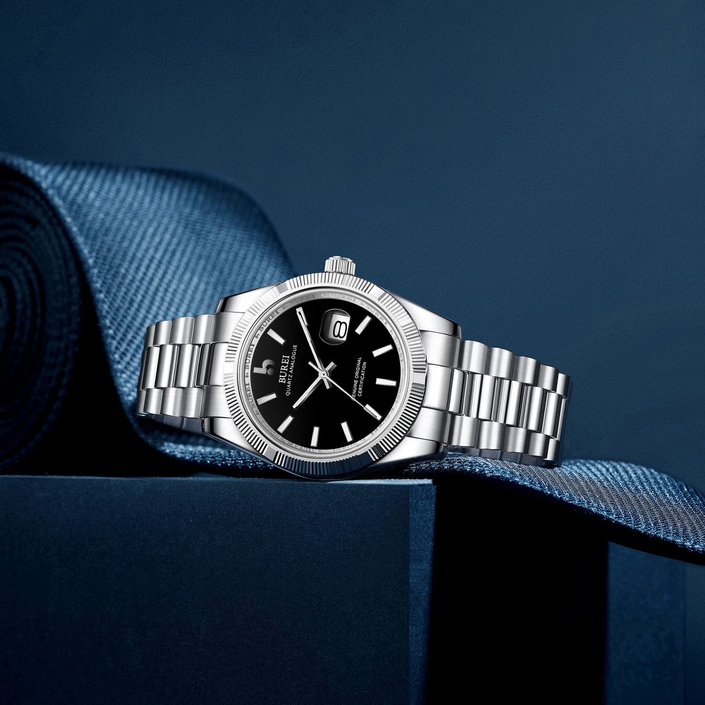 BUREI Herren Uhren Quarz Armbanduhr Datumsanzeige Saphirglas Objektiv mit Zwei Tönen Edelstahlband