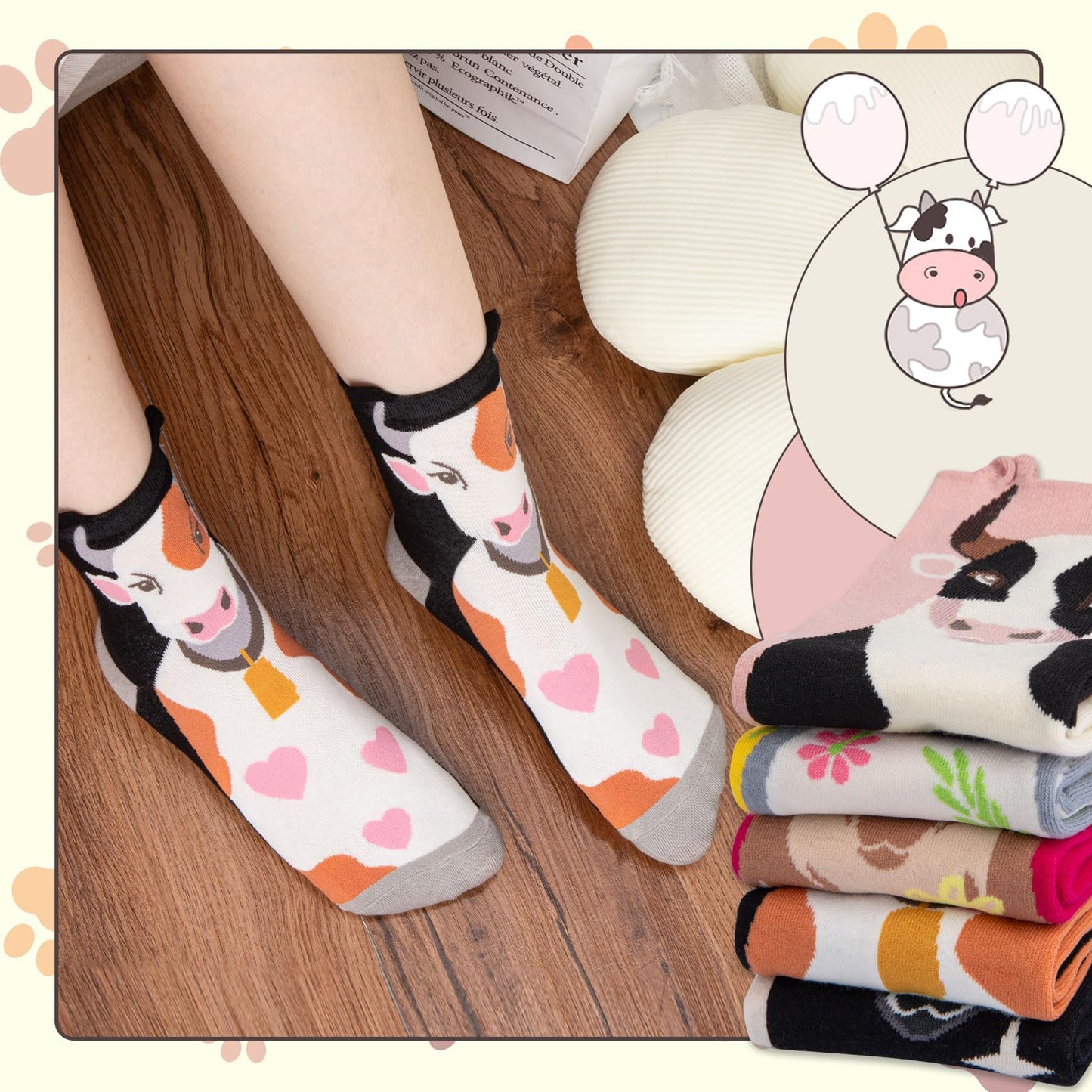 Chalier Cozy 5 Paar Damen Socken Hunde Katzen Motiven, Baumwolle