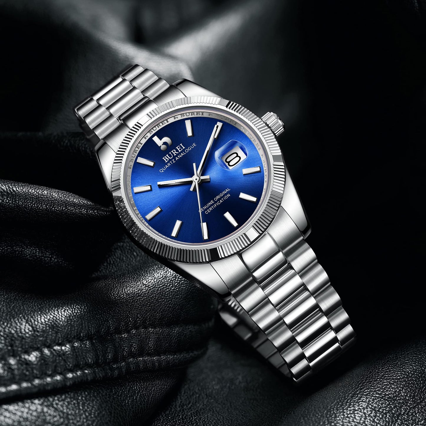 BUREI Herren Uhren Quarz Armbanduhr Datumsanzeige Saphirglas Objektiv mit Zwei Tönen Edelstahlband