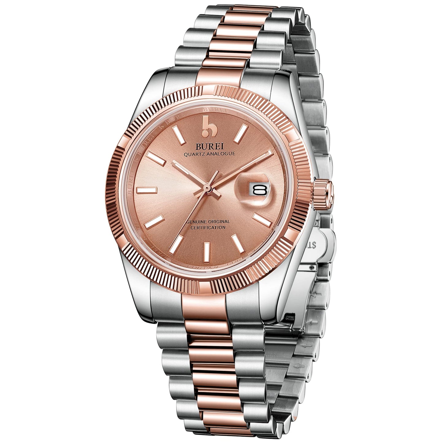 BUREI Herren Uhren Quarz Armbanduhr Datumsanzeige Saphirglas Objektiv mit Zwei Tönen Edelstahlband