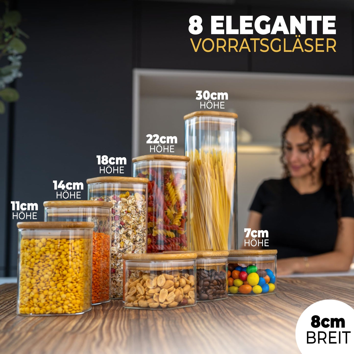 Aufbewahrungsbox Küche für alle Lebensmittel, Küchen Organizer, Vorratsgläser mit Deckel, Eckig - 12er Set, Erhöhte Glasstärke 