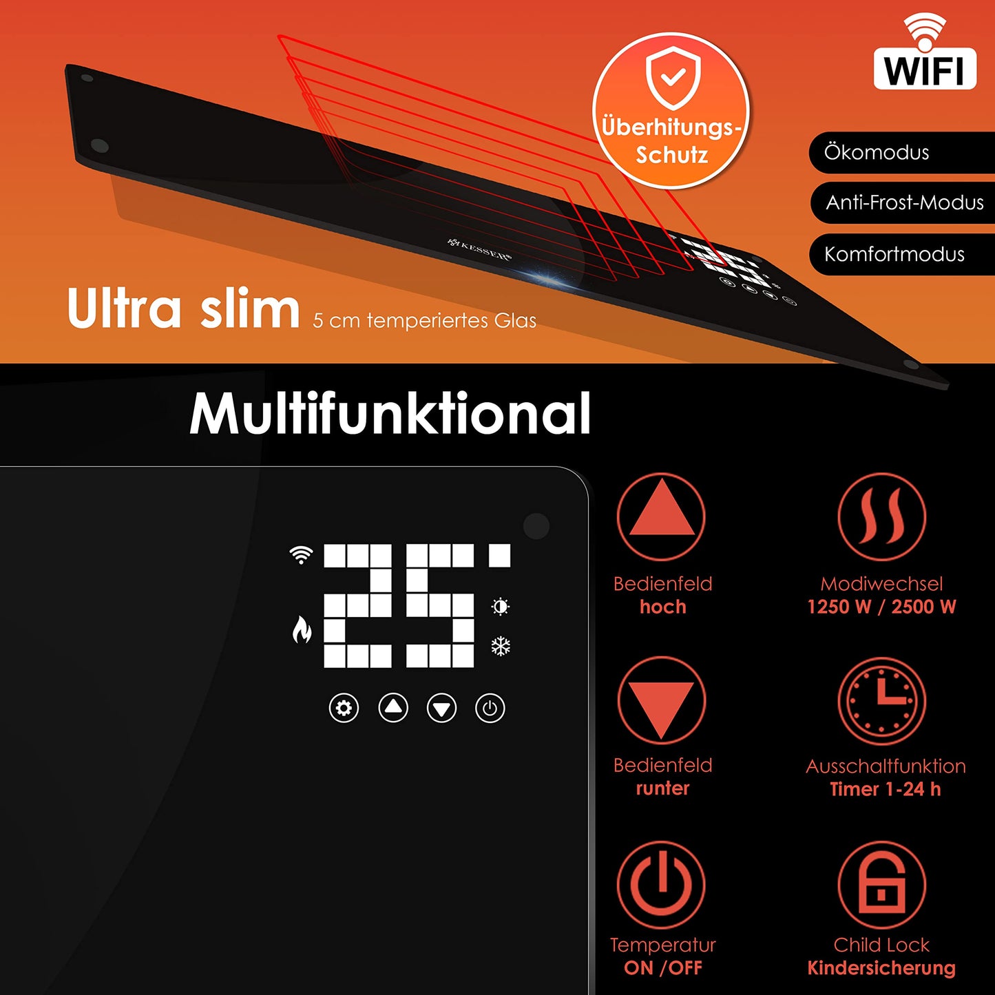 KESSER® Glaskonvektor, Glasheizkörper, elektrischer Heizkörper, WLAN-App-Funktion, inklusive Fernbedienung, Stand- oder Wandheizkörper | Touchscreen | LCD-Display | Timer | 2500 Watt 