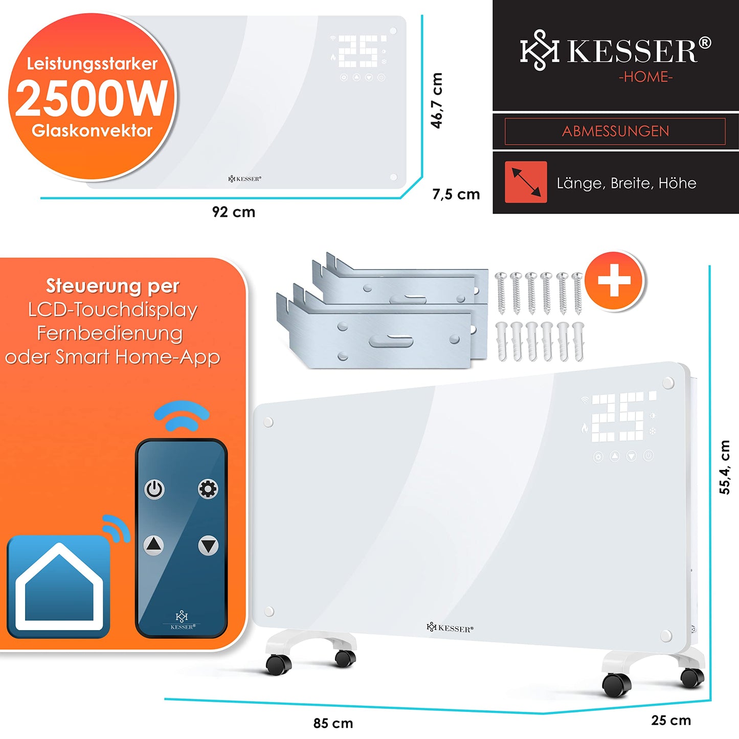 KESSER® Glaskonvektor, Glasheizkörper, elektrischer Heizkörper, WLAN-App-Funktion, inklusive Fernbedienung, Stand- oder Wandheizkörper | Touchscreen | LCD-Display | Timer | 2500 Watt 