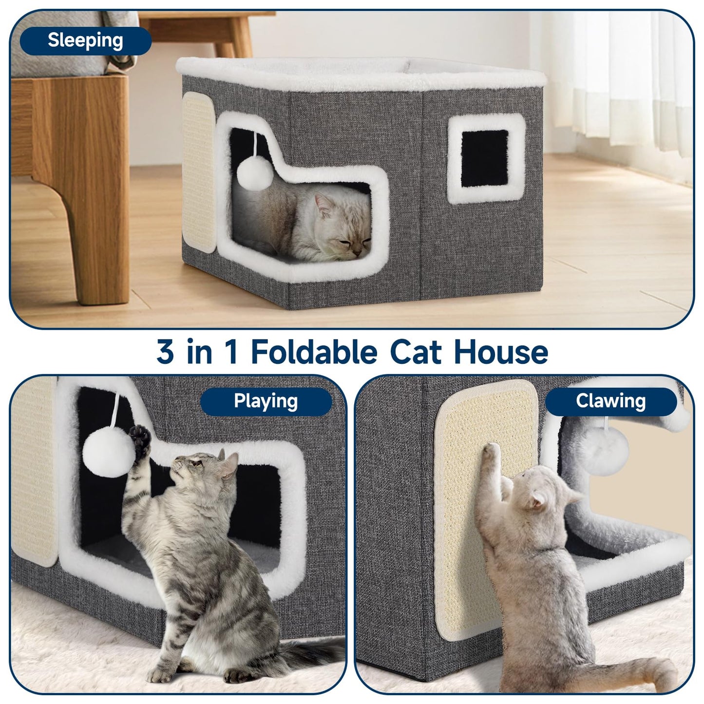 Faltbares Katzenhaus, mit Kratzbrett und Spielball, Katzenhaus Höhle für kleine und mittlere Haustiere 
