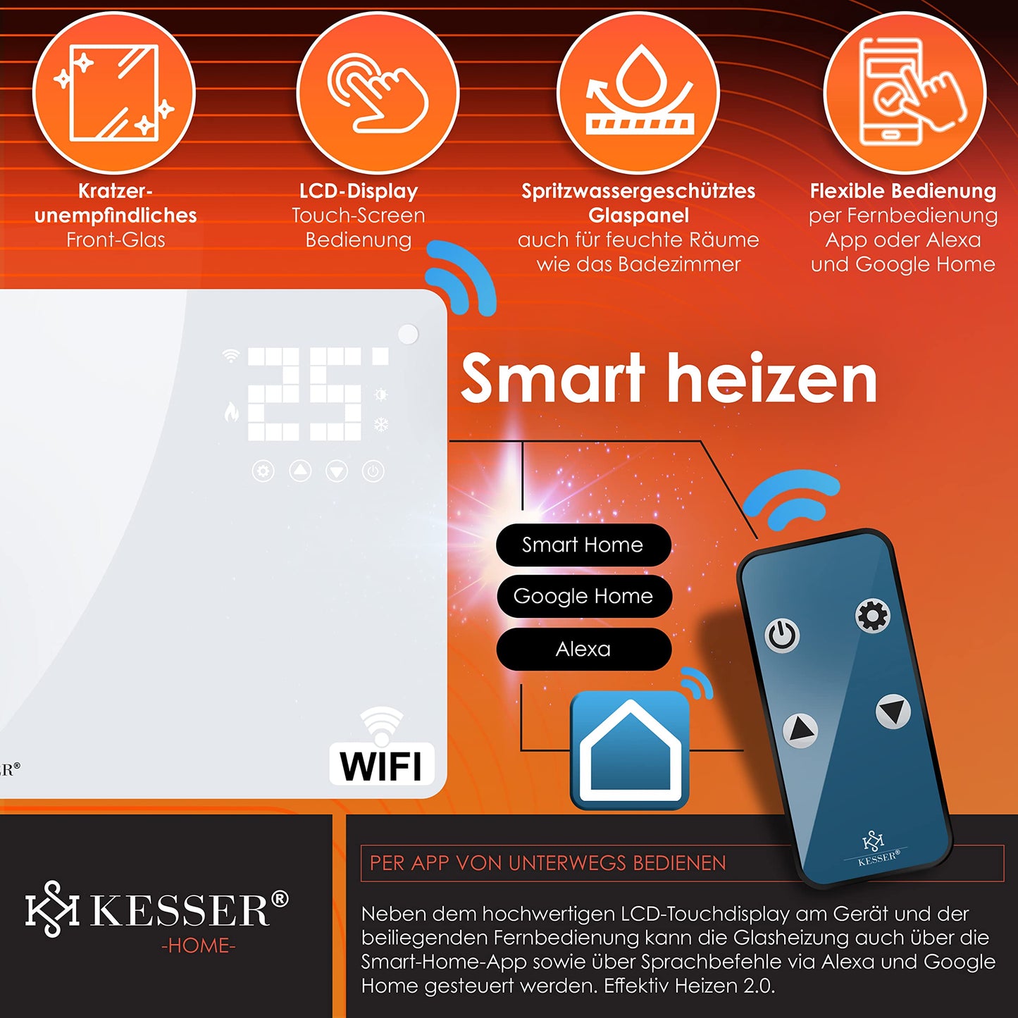 KESSER® Glaskonvektor, Glasheizkörper, elektrischer Heizkörper, WLAN-App-Funktion, inklusive Fernbedienung, Stand- oder Wandheizkörper | Touchscreen | LCD-Display | Timer | 2500 Watt 