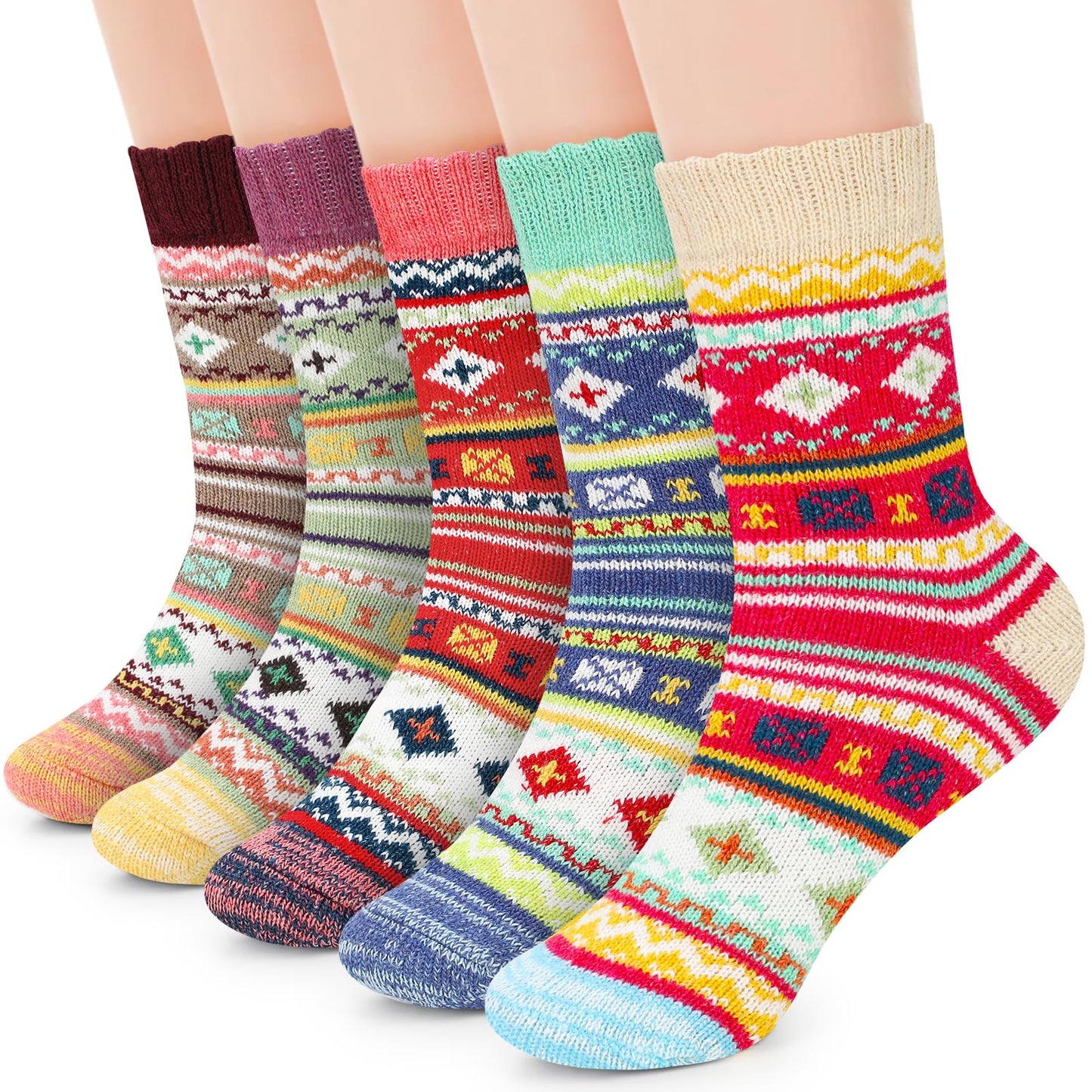 Airabc 5 Paar Damen-Thermosocken, warme Wintersocken, farbenfroh, kuschelig und atmungsaktiv 