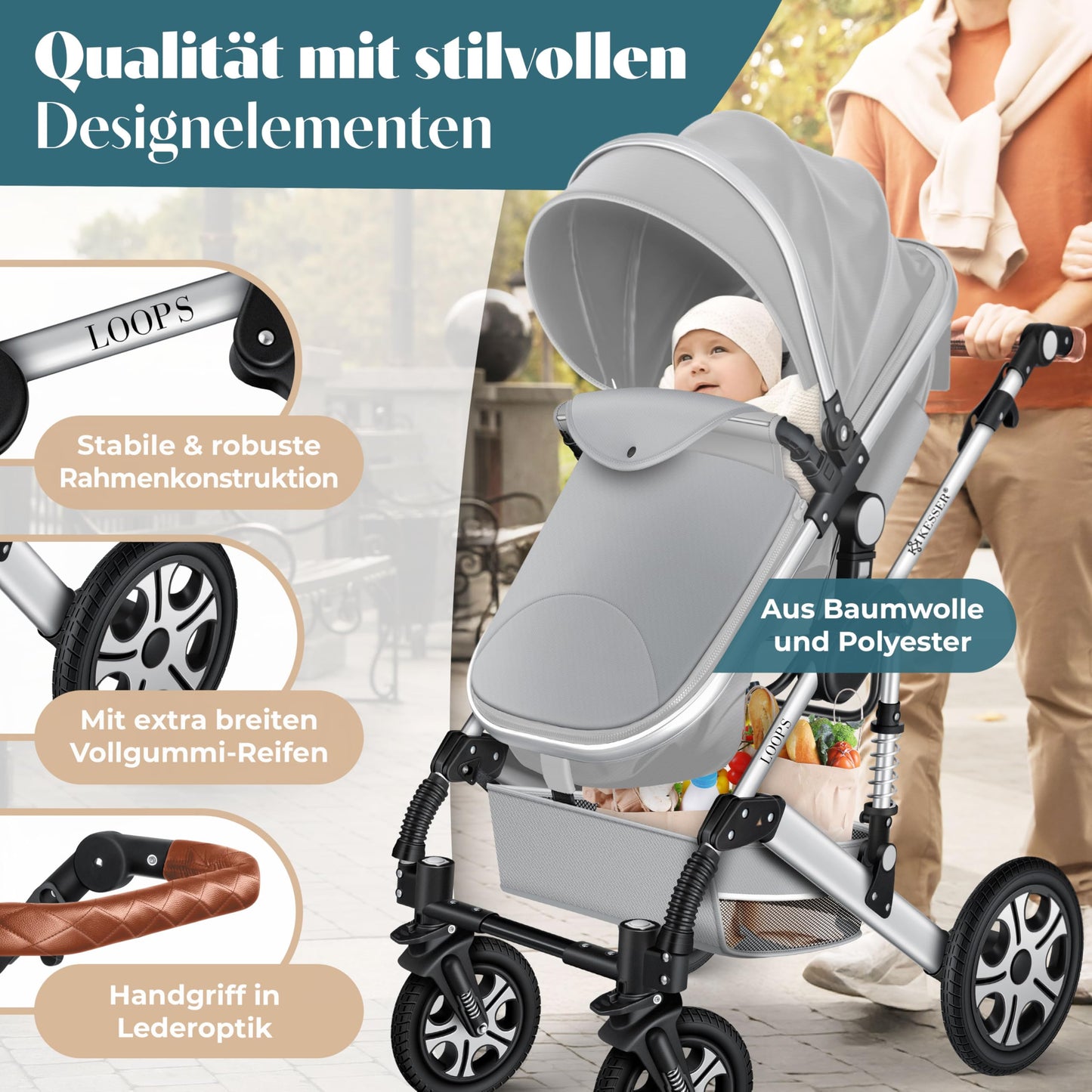 Kesser® Loops 3-in-1 Kombi-Kinderwagen, Komplettset inklusive Babywanne, Buggy-Sportsitz und Babyschale, Vollgummireifen 